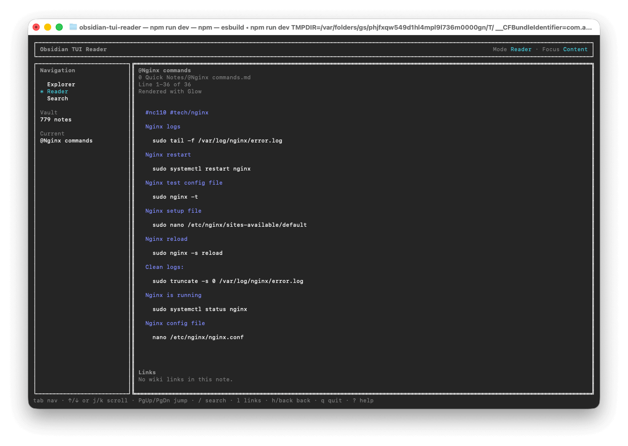 Obsidian TUI Reader screenshot